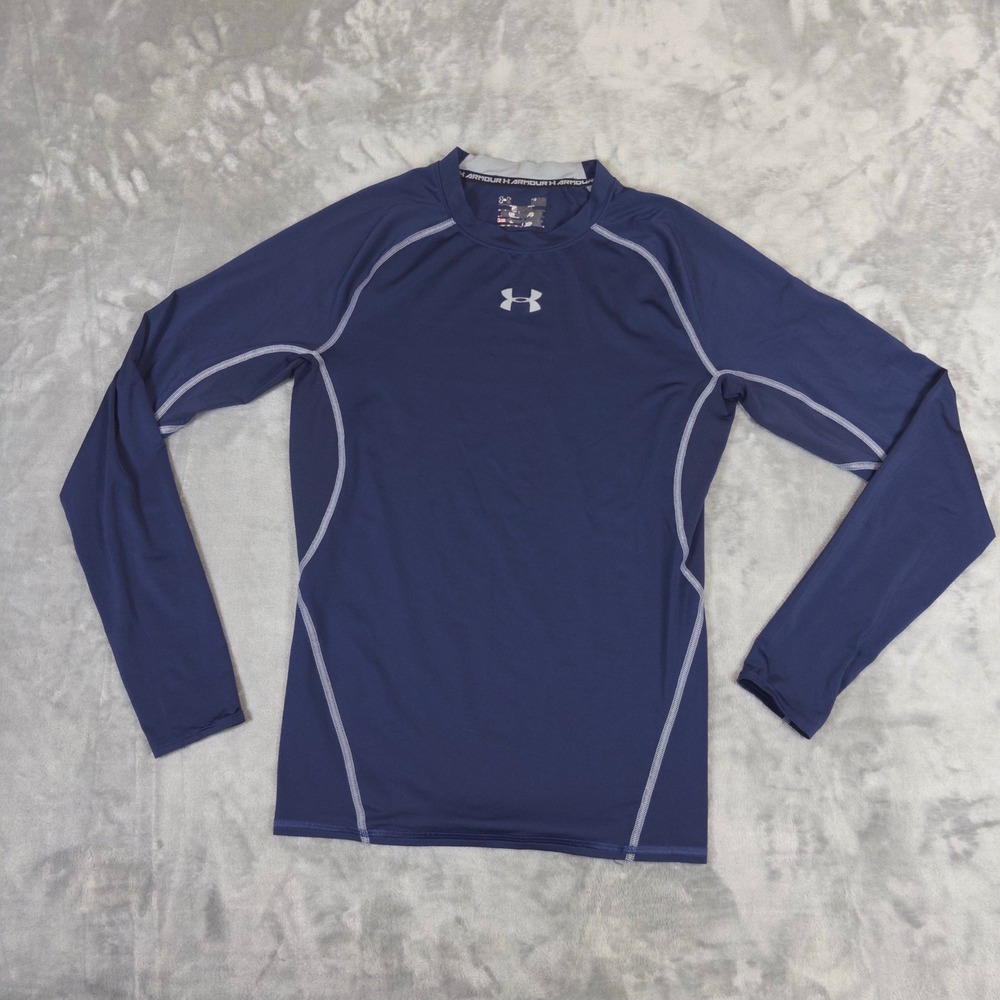 Under Armour HeatGear Compression Shirt Mens M Navy Blue Long Sleeve Training